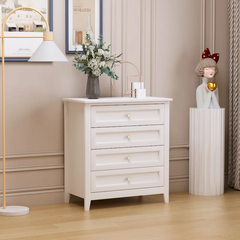 Solid Wood Spray-Painted Drawer Dresser Cabinet with Retro Round Handle, White
