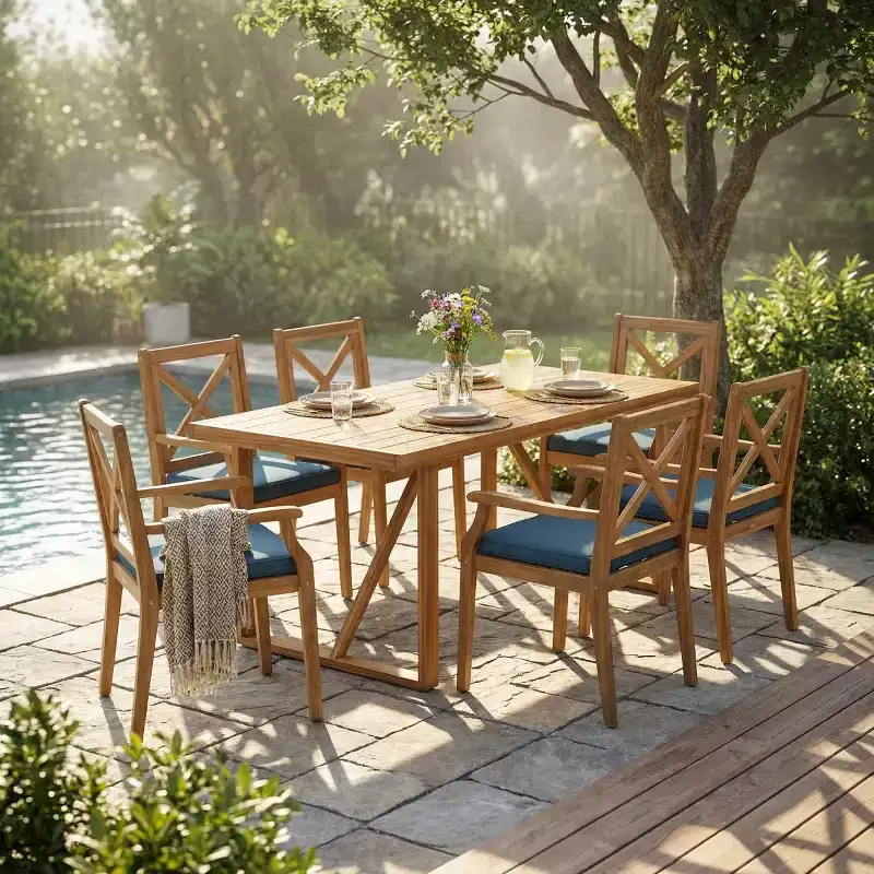 7-Piece Acacia Wood Outdoor Dining Set with 6 Cushioned Chairs, Rectangular Patio Dining Table Set for Backyard, Garden, Deck-Panipeachy