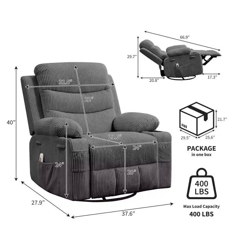 Oversized 360 Swivel Rocker Recliner with Massage & Heat - Ergonomic Lounge Chair with Cup Holders, Side Pockets for Living Room, Nursery