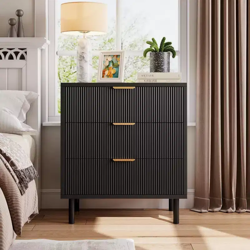 Black Fluted 3 Drawers Dresser, Wide Wood Chest of Drawers, Modern Storage Dresser Chest of Drawers Organizer with Metal Legs and Anti-Tipping Device