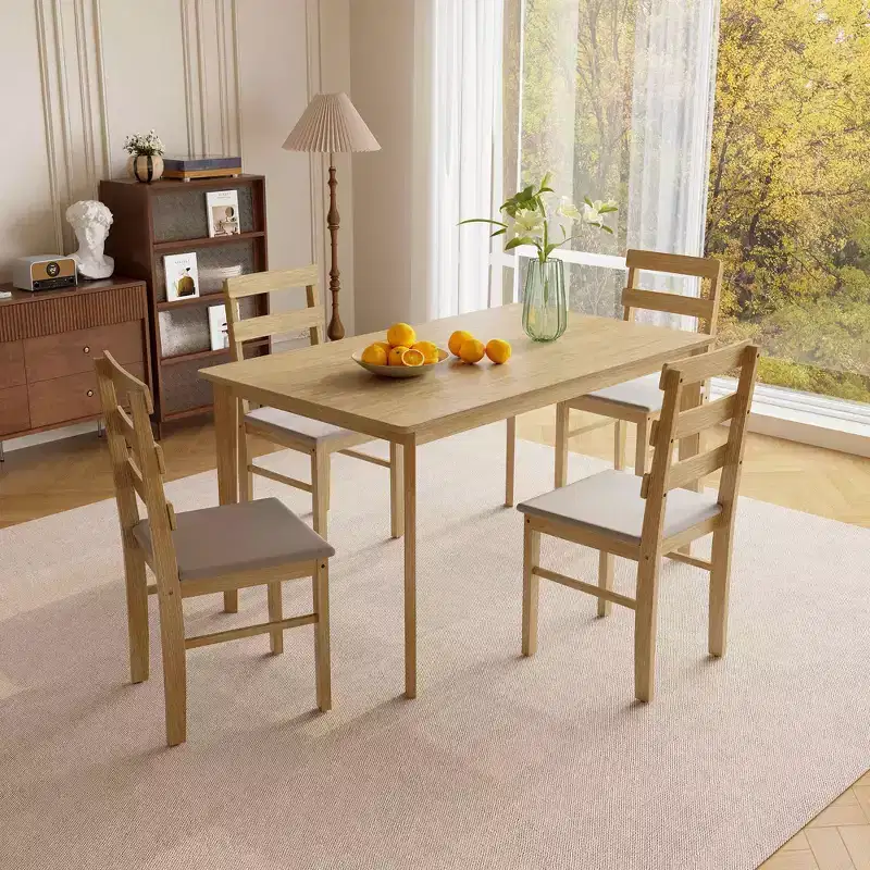 MAYEERTY 5-Piece Solid Wood Dining Table Chair Set, Natural Wood Color Rectangle Table + 4 Back Chairs for Dining Room