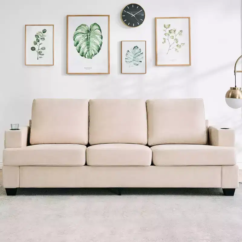 89 Chenille 3-Seater Sofa with Cup Holders & Storage Pockets - Deep Seat Living Room Couch for Small Spaces