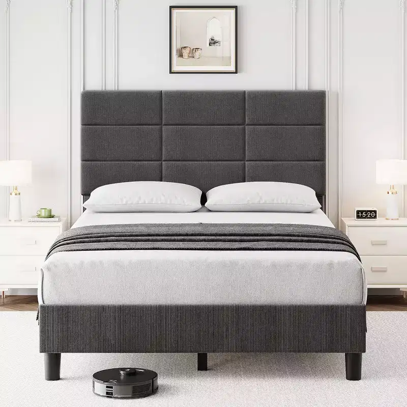 Bed Frame with Adjustable Headboard, Linen Upholstered Platform Bed with Wooden Slats Support, Mattress Foundation, Grey
