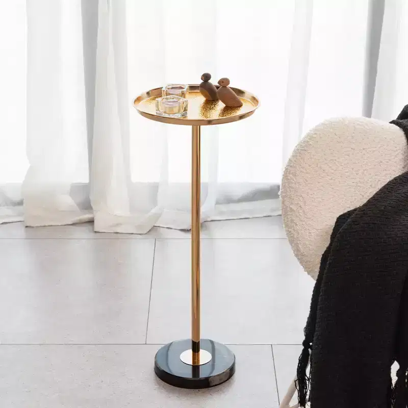 2P Gold Adjustable Marble Base Side Table, Natural Marble Pedestal Metal Tray Tea Martini Table for Display Storage
