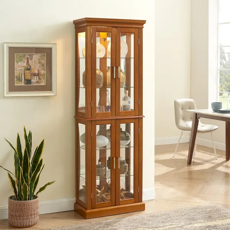 Lighted Curio Diapaly Cabinet,Adjustable Shelves,Mirrored Back Panel,Tempered Glass Doors (6 Tier),(E26 light bulb not included)