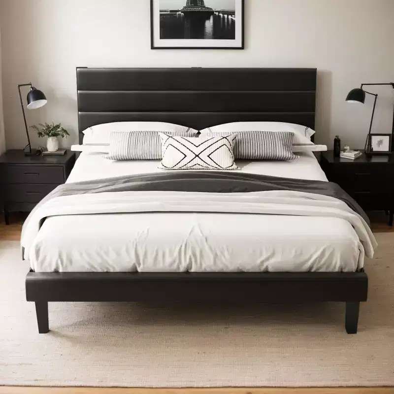 Karl Home Full Size Platform Upholstered Bed Frame with Soft Adjustable Headboard Black