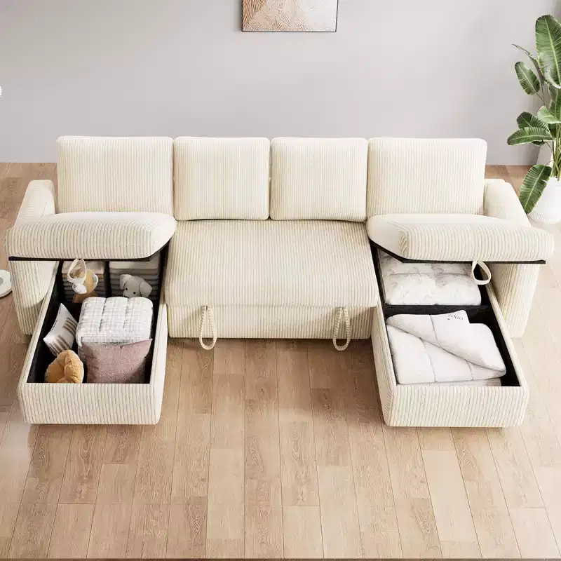 Dyonery 105-inch four-seat pull-out bed with storage space and side pockets, adjustable backrest, convertible sofa bed, corduroy