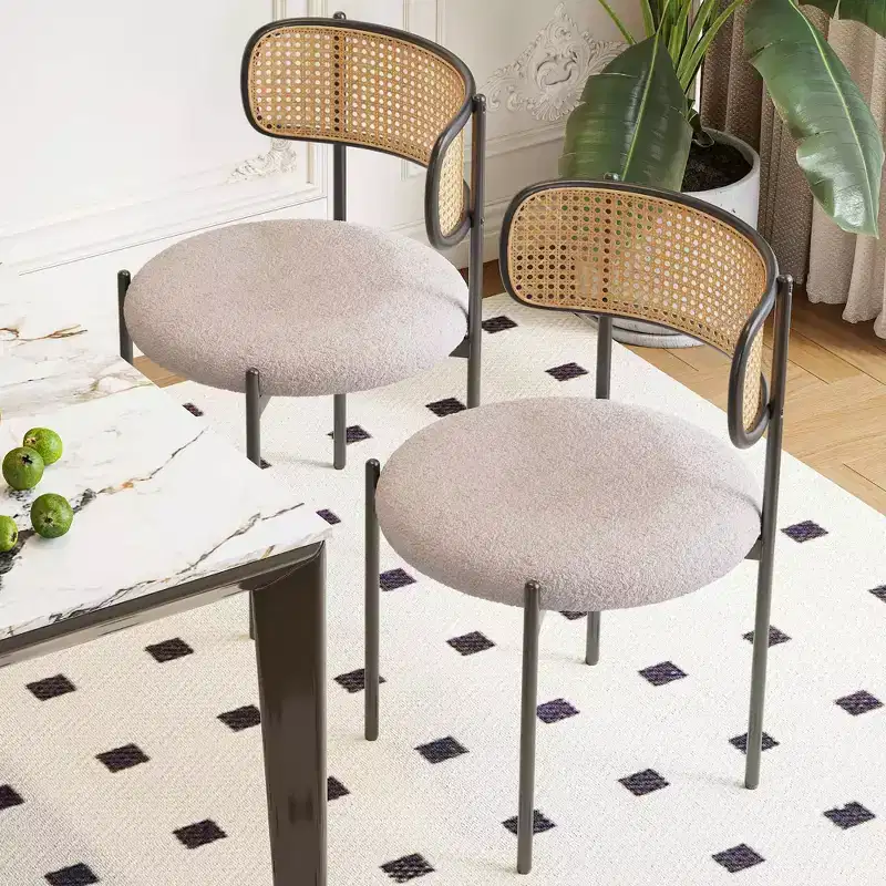 Modern Upholstered Dining Chairs Set of 2 with Metal Legs Rattan Back Dining Room Chairs for Kitchen Gray