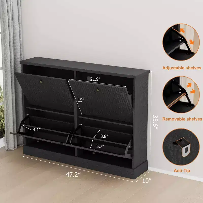 Fluted Shoe Cabinet Storage with 4 Flip Drawers, Wooden Fluted Narrow Shoe Organizer with Adjustable and Removable Shelves
