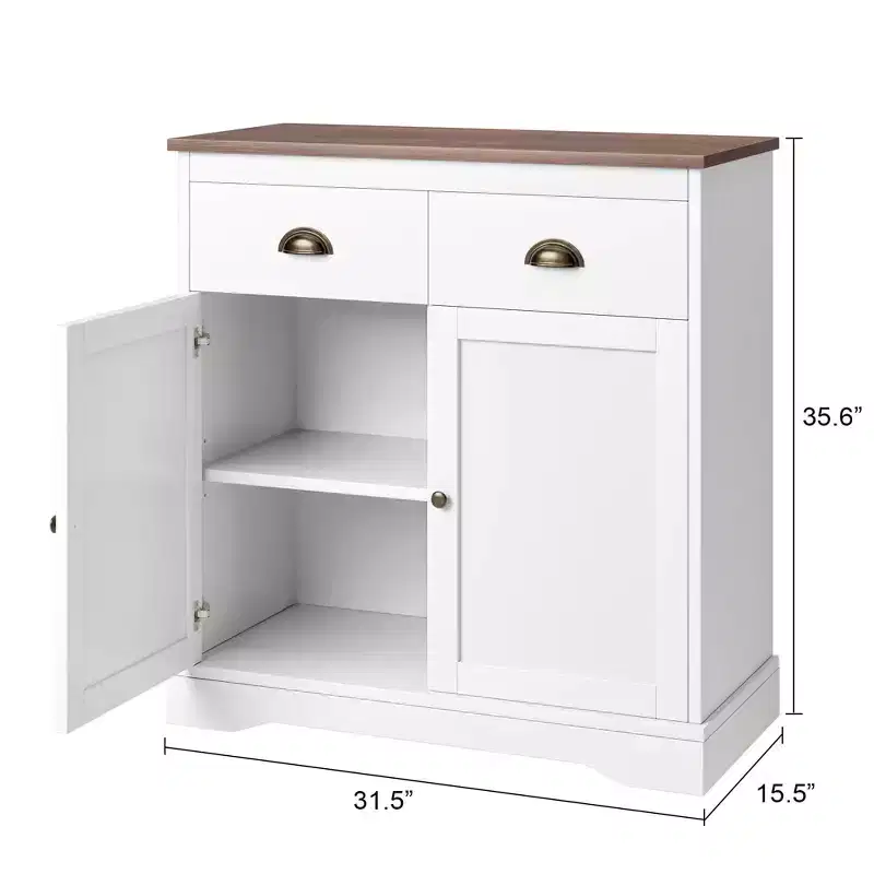 Buffet Cabinet with Storage, Farmhouse Coffee Bar Cabinet with 2 Doors and 2 Drawers, Wooden Kitchen Sideboard White