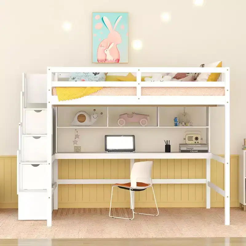 MAYEERTY Full Size Loft Bed with Built In Desk Bookshelves and Storage Staircase White for Bedroom