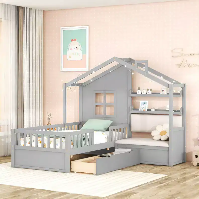 Luxystar Twin House Platform Bed with Sofa, 2 Drawers and Storage Shelves