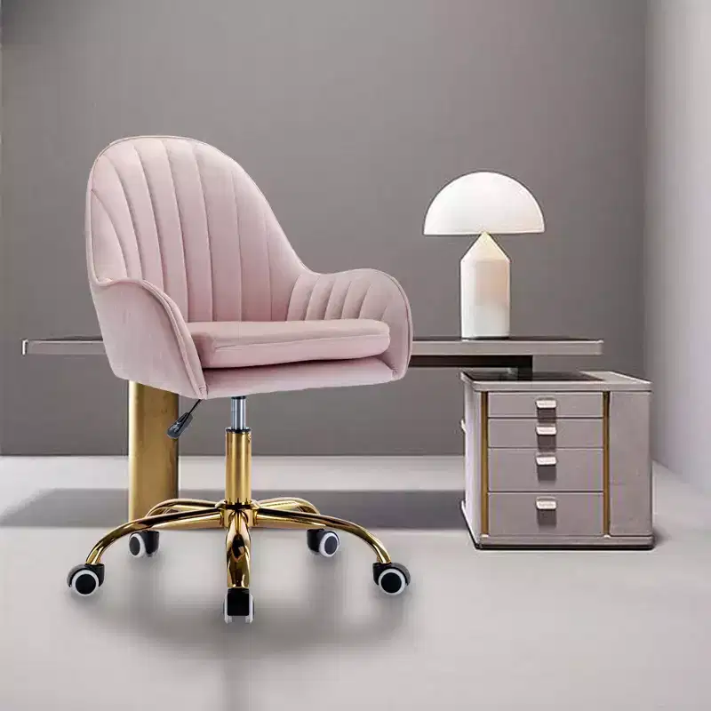 Velvet Desk Chair with Golden Metal Base, Adjustable Height Vanity Chair for Living Room, Study, Pink