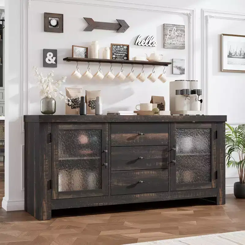 54-Inch Wood Buffet Sideboard with 2 Glass Doors and 3 Drawers