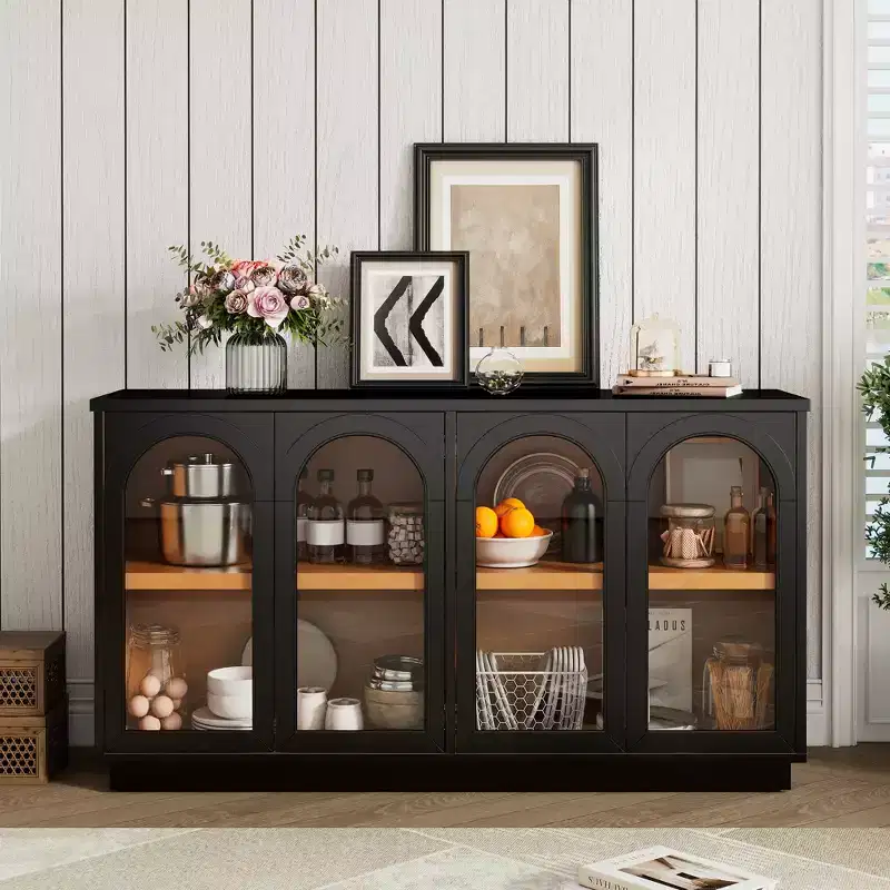 4-Door Buffet Cabinet with Arched Glass Doors and Adjustable Shelves