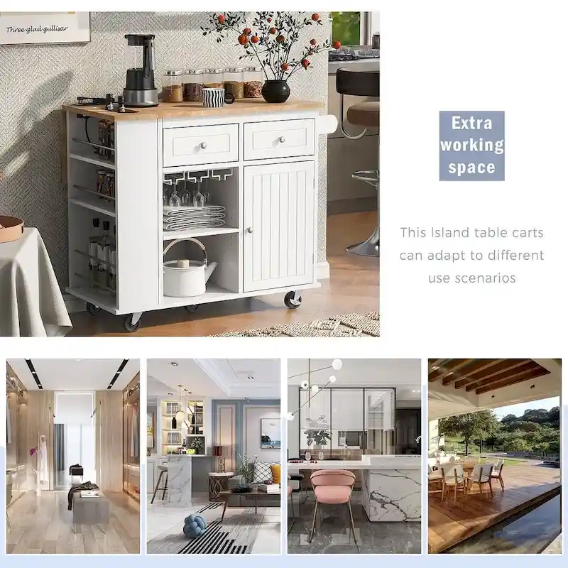 Kitchen Island Cart with Wheels ,Power Outlet, Drop Leaf, Wine Rack