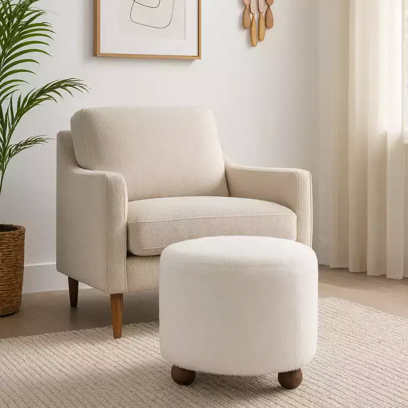Decorative Faux Fur Upholstered Ottoman with Ball Feet - Contemporary Home Decor Accent for Vanity, Bedroom, and Foot Rest Ottoman - 15, Ivory