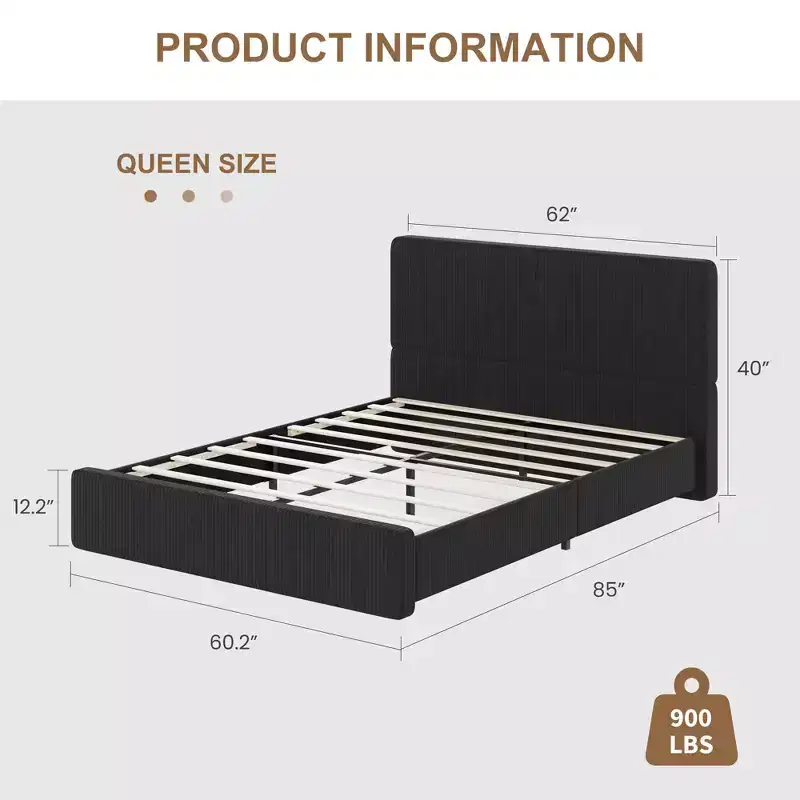 Upholstered Platform Bed Frame with Wood Slat Support for Bedroom