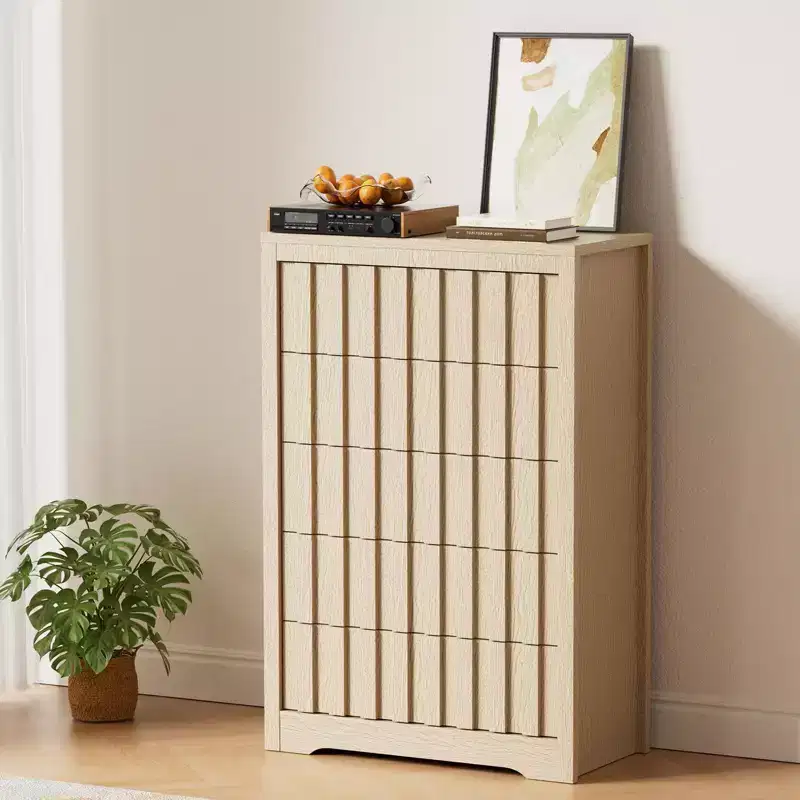 32 Tall Storage Dresser Organizer with Curved Profile Design, 5 Drawer Dresser for Rest Room Wood