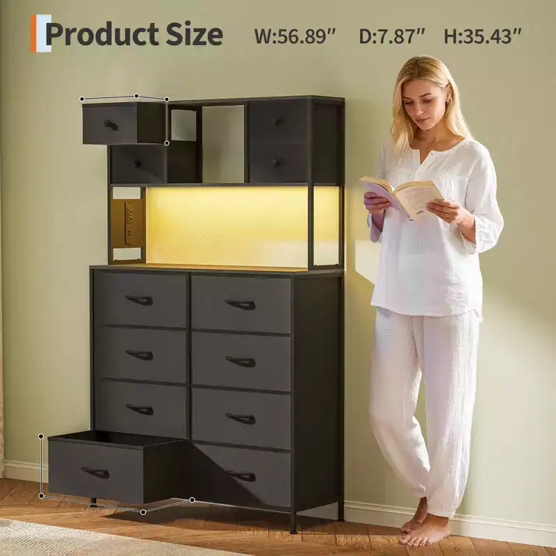 Dresser for Bedroom, 12-Drawer Fabric Chest, Open Shelves, Wood Top & Metal Frame for Bedroom, Hallway or Living Room