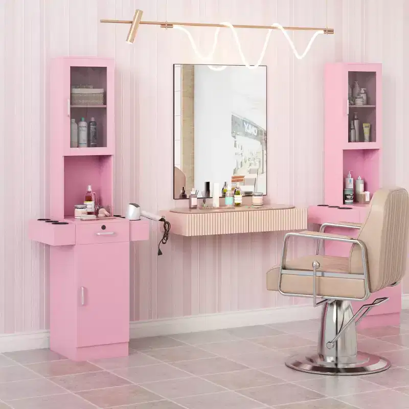Salon Station for Hair Stylist - Hair Styling Storage Cabinet with Glass Door Pink