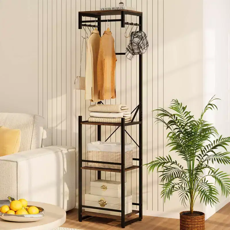 Freestanding Coat Rack with 4 Storage Shelves, 6 Hooks & 3 Hanging Rods for Entryway