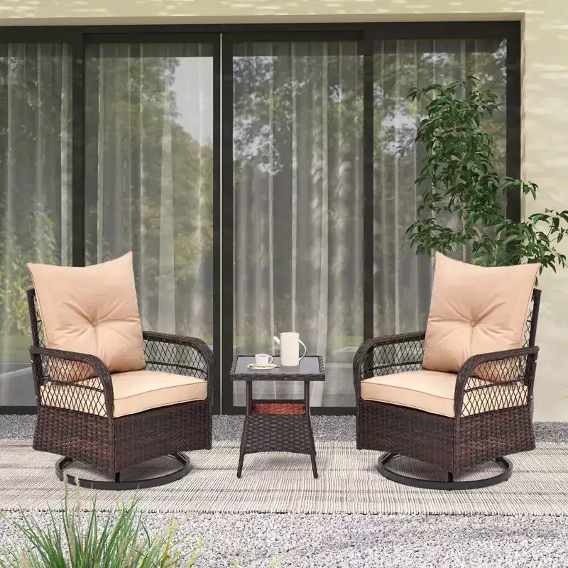 EROMMY 3 Pieces Patio Swivel Rocker Rattan Chairs, Outdoor Swivel Rocking Chairs With 1 Rattan Coffee Table, 360 Degree Swivel Patio Chairs For Lawn