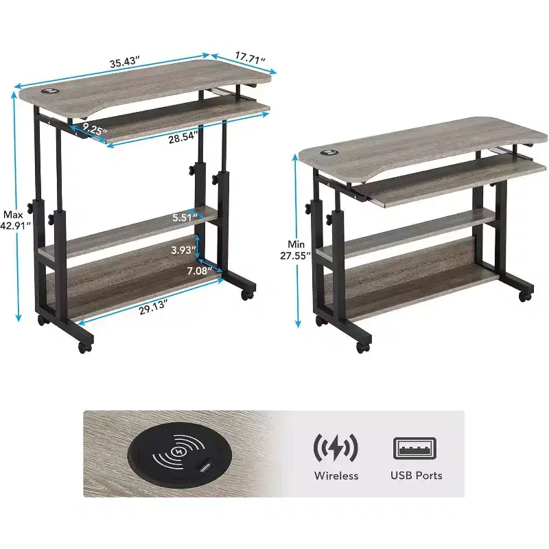 Lantine Portable Desk with Power Outlets, Height Adjustable Laptop Side Table with USB Ports for Sofa, Bedside, Mobile Standing Desk