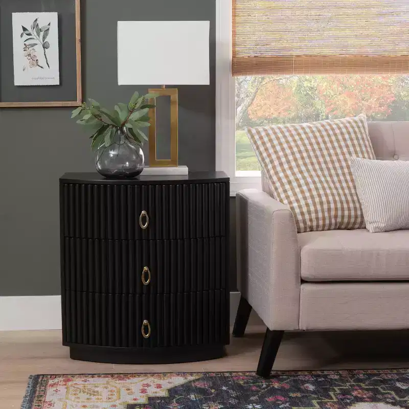 3-Drawer Nightstand Black Lacquer Gold Hardware