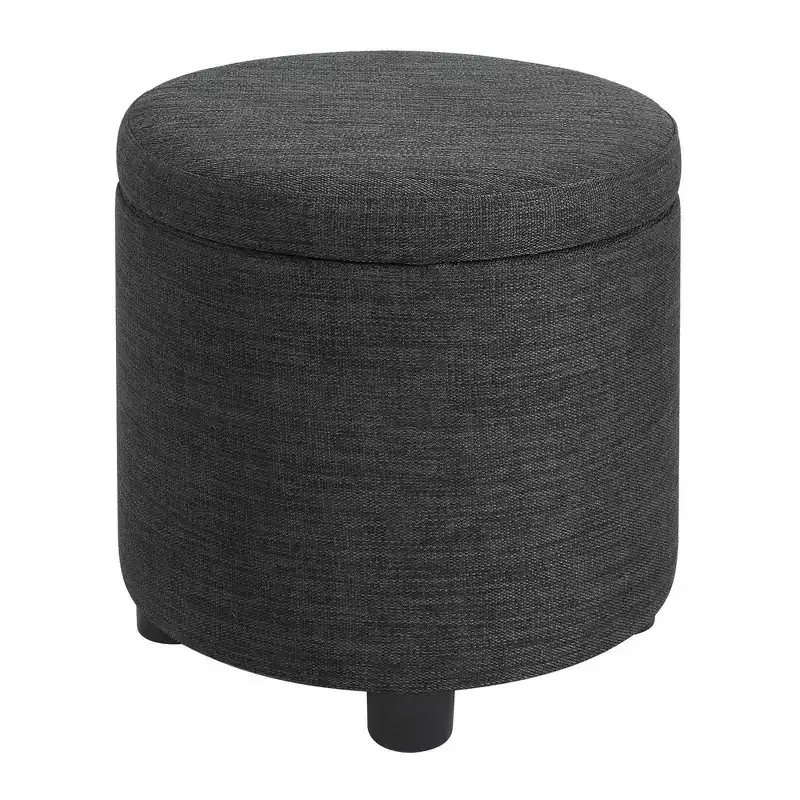 Wood & Faux Leather Round Storage Ottoman with Reversible Tray Lid 22''W x 16''H Dark Charcoal