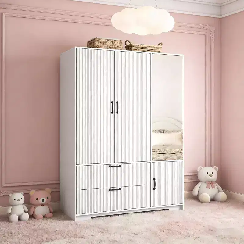 4 Doors White Wardrobe Closet with Mirror, LED Lights, 2 Drawers, Hanging Rod & Adjustable Shelves, Wooden Bedroom Storage Cabinet