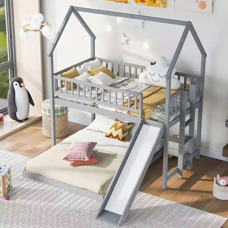 Whisen House Roof Design Twin over Full House Bunk Bed with Slide and Built-in Ladder