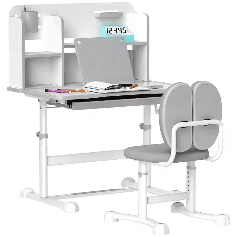 Qaba Kids Desk and Chair Set, Height Adjustable Kids School Study Desk and Chair Set with Tilt Desktop, Storage Drawer and Reading Rack
