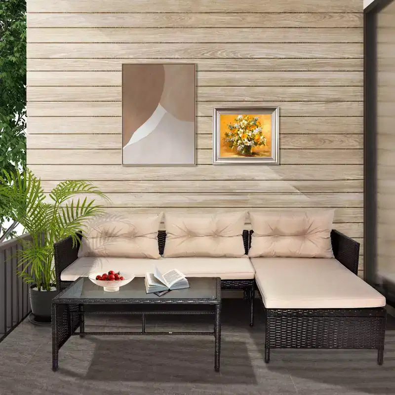 Karl Home Brown Wicker Outdoor Sectional Set with Beige Cushions