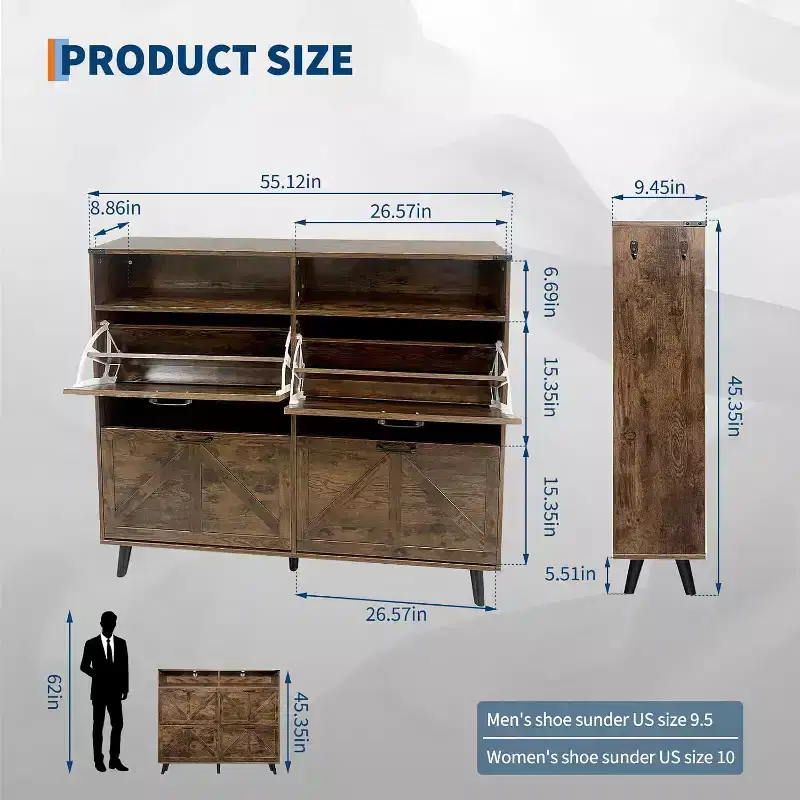 4-Drawer Flip Shoe Cabinet, Freestanding Hidden Shoe Organizer with Metal Legs & Solid Wood Doors, Narrow Entryway Shoe Storage for Hallway Foyer