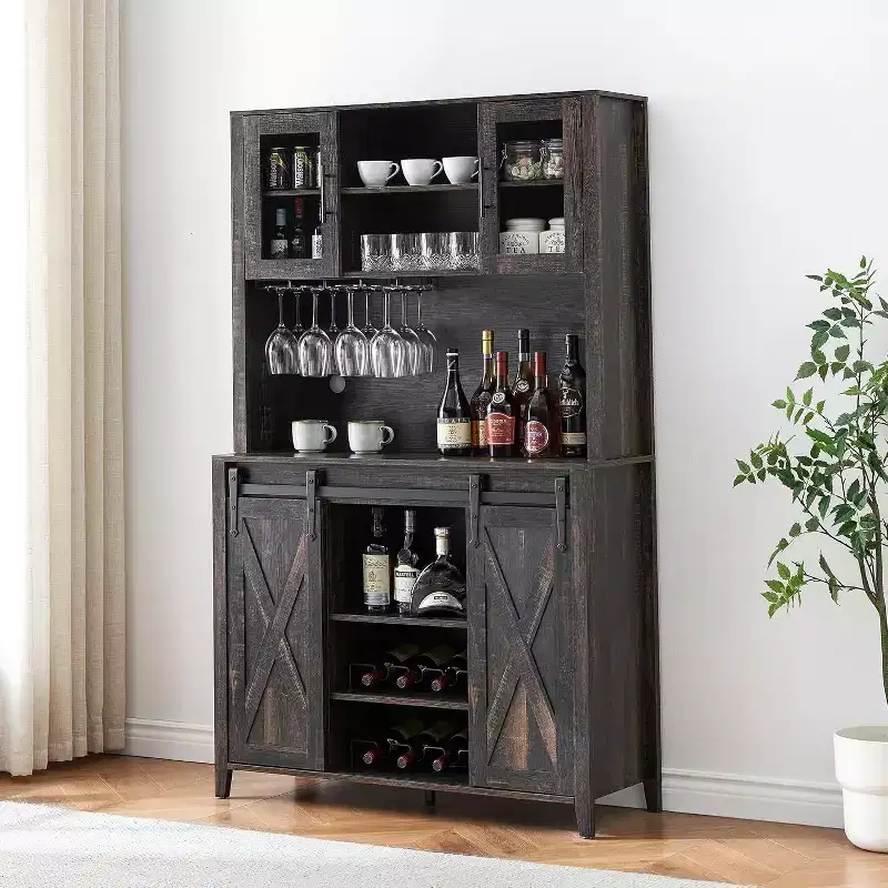 Acekool 70 Wine Bar Cabinet with Storage Hutch, Sliding Barn Doors, Adjustable Shelves, Glass Racks, Burnt Color