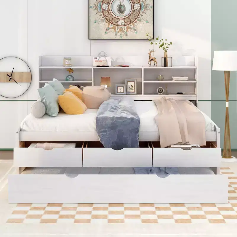 FAMYYT Full Size Wooden Captain Bed?With Built-in Bookshelves, Three Storage Drawers and Trundle, Easy Assembly