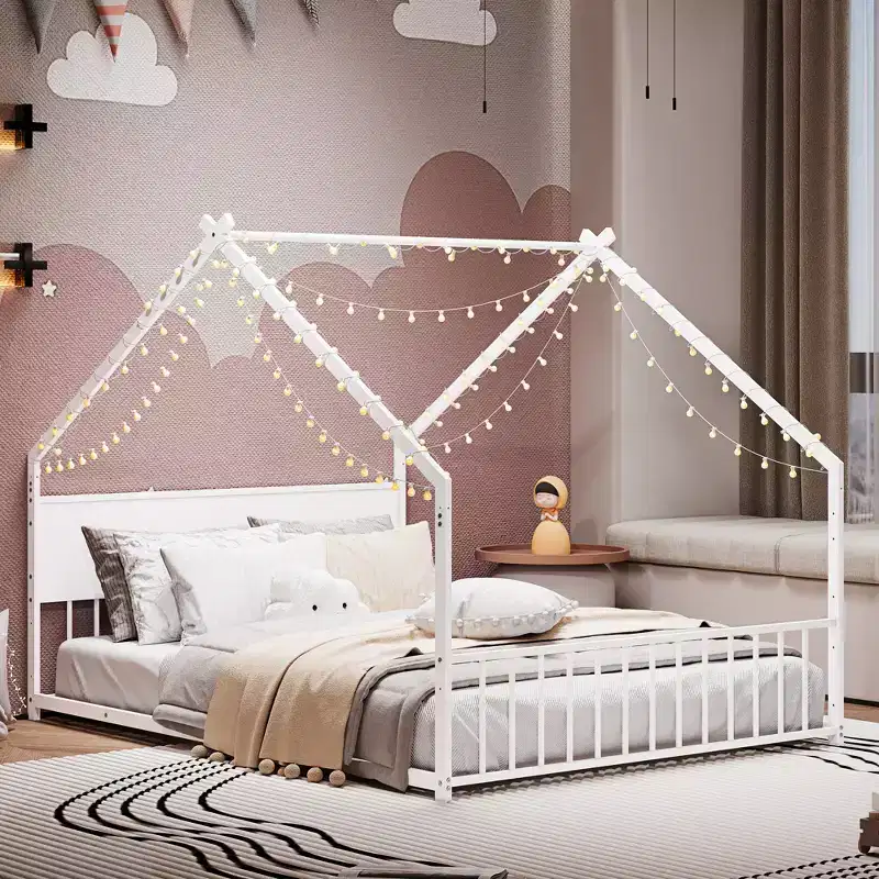 Bellemave Full Size Kids House Bed with Roof & LED Lights, Metal Frame with Slats, Low Floor Bed for Boys & Girls, Cozy Fun & Safe Sleep, White