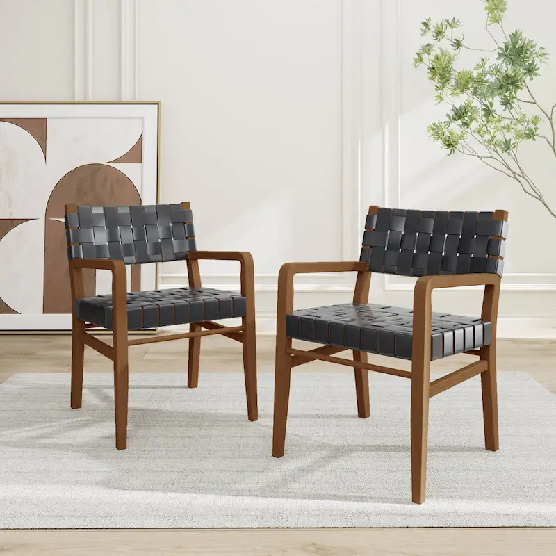 Woven PU Leather Rubberwood Dining Chairs with Arms (Set of 2)