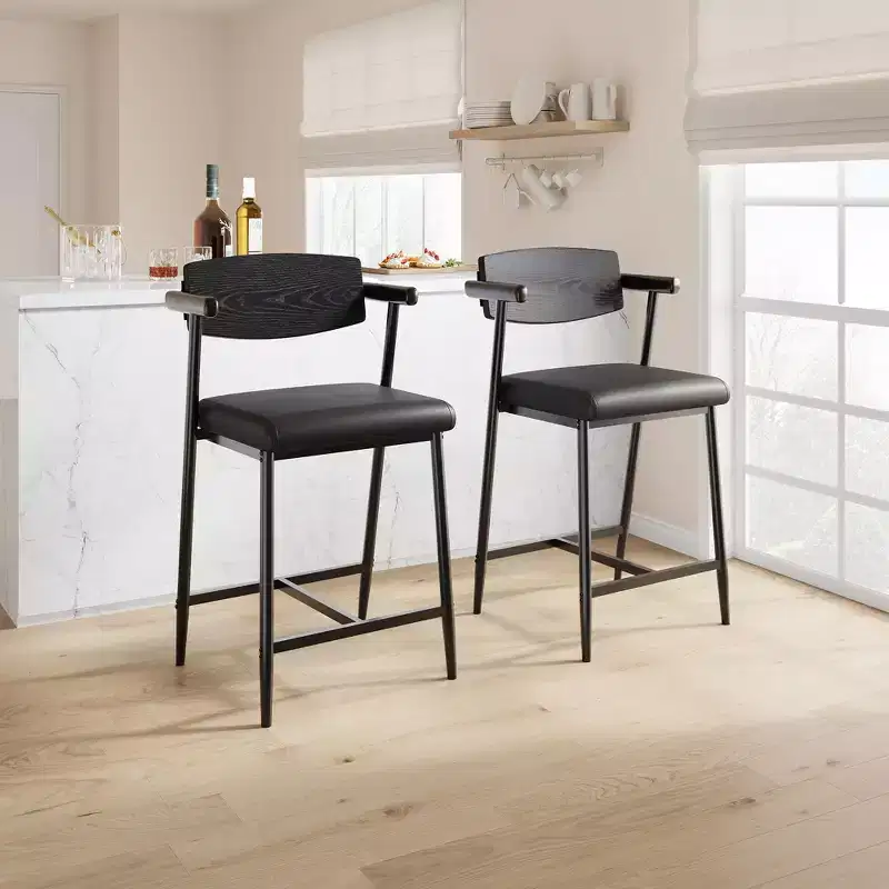 Set of 2 Counter Height Bar Stools with Arms and Footrest - Wood Back & Upholstered Seat for Kitchen Island