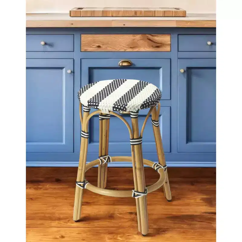 24 Blue White And Natural Rattan Backless Counter Height Bar Chair