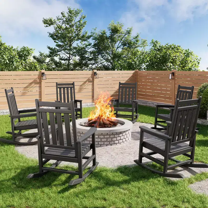 All-Weather HDPE Poly Lumber Adirondack Rocking Chairs Set of 6, High Back Patio Porch Rockers, Low Maintenance