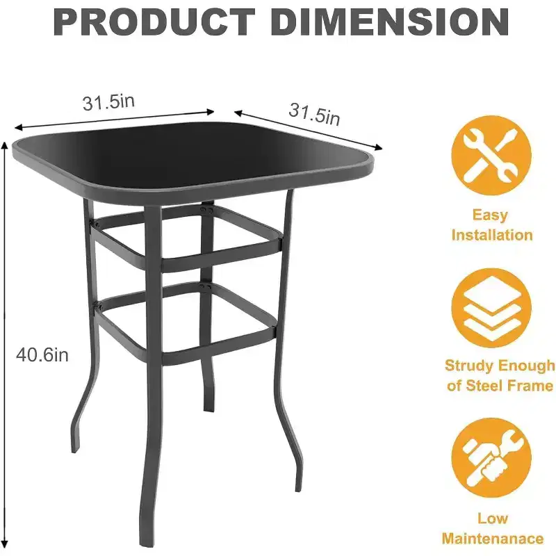 Acekool Patio Bar Height Table, Square Tempered Glass Top Outdoor Pub Bistro Table, High Top Patio Side Table for Balcony Backyard Poolside Garden