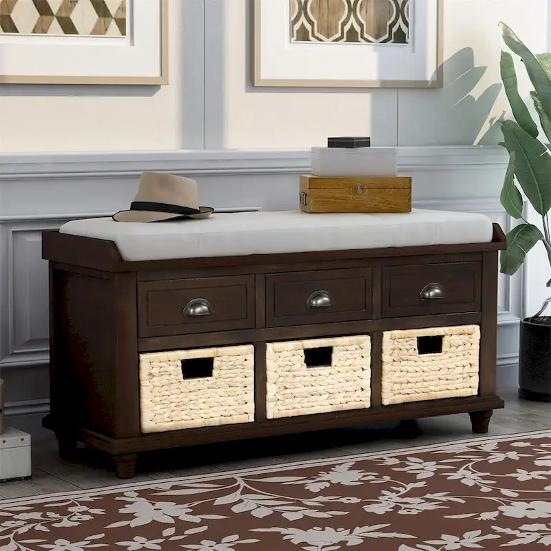 Harper & Bright Designs 3-Drawer Storage Bench with 3 Rattan Baskets