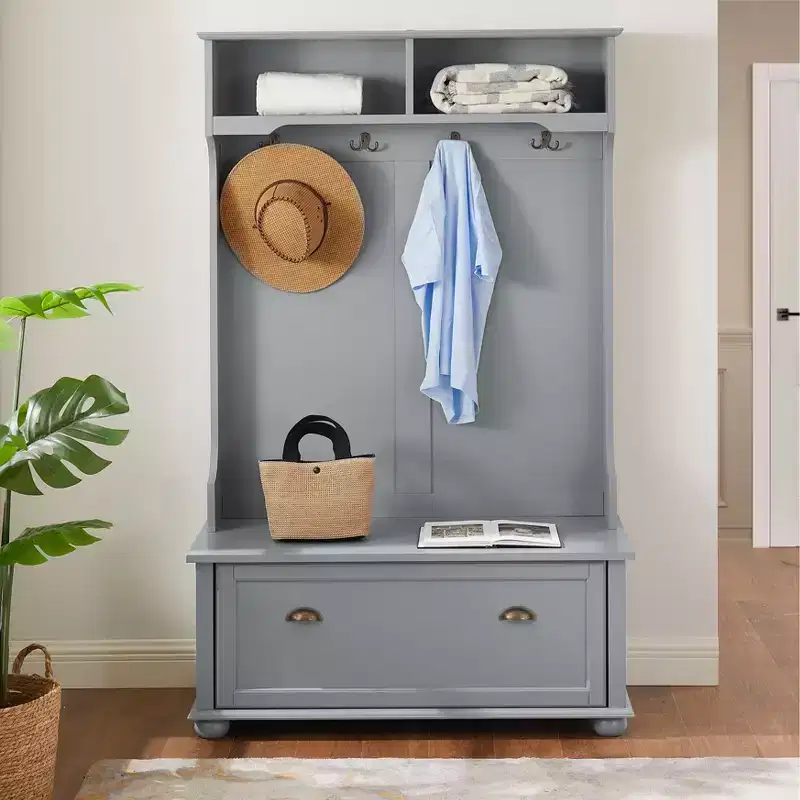 Hall Tree with Shoe Rack Bench, Coat Hooks, and Open Shelves for Entryway Storage and Organization