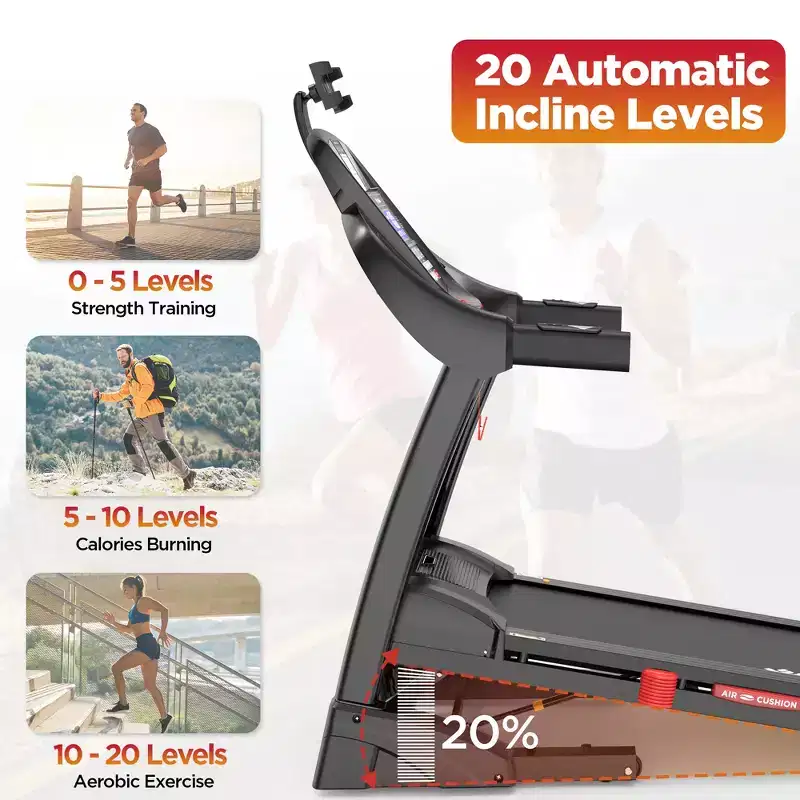20% Auto Incline Treadmill 4.75HP,300LB Treadmill for Home,12MPH Foldable Running Walking Machine w/ APP,71 Programs for Varied Intensity Workouts