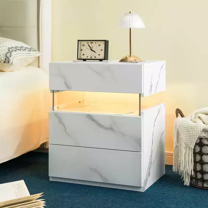 MAYEERTY Nightstand with 3 Drawer Dresser for Bedroom Bedside Table for Living Room White Stone