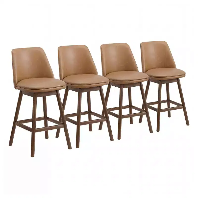 26 Inch Swivel Counter Stool, Faux Leather, Walnut Hardwood Legs, Set of 4