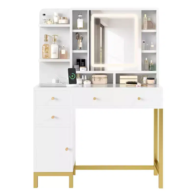 GustoWave White Vanity Desk with Mirror and Lights, Makeup Desk Dressing Table with LED Lighted Mirror & Power Outlet,3 Lighting Color for Bedroom