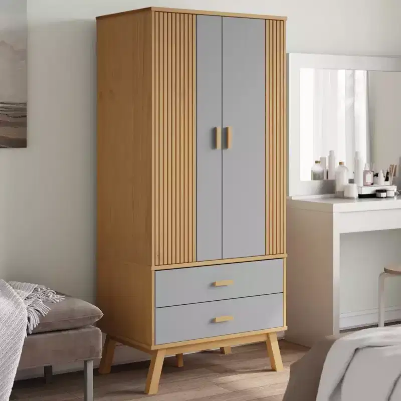 vidaXL Wardrobe Grey and Brown Solid Pine Wood, Engineered Wood
